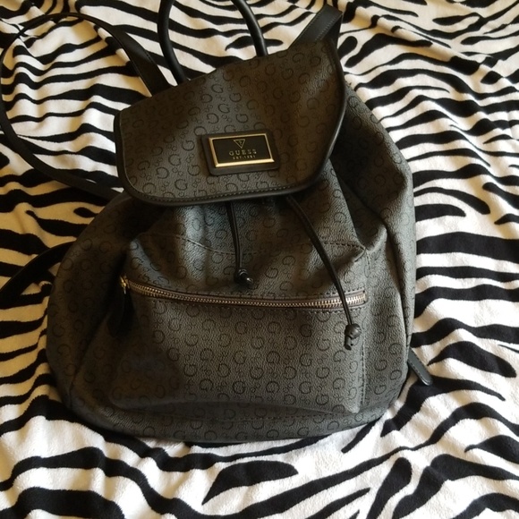 New Guess G Logo Signature Flap Draw String Backpack Book Bag Coal Black Full Size